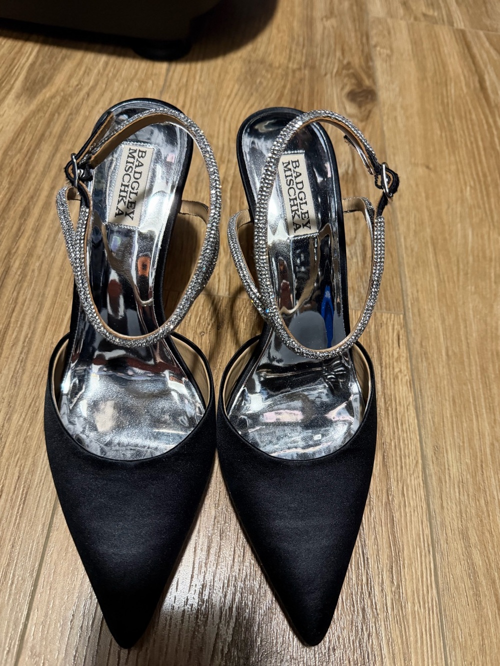 NEW Badgley Mischka Black Satin Pointed-Toe Heels with Crystal Sling Straps